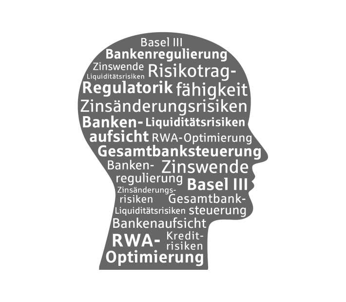 Silhouette eines Kopfes mit vielen Wörtern zum Thema Banksteuerung